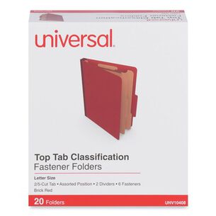 FILING AND FOLDERS | Universal UNV10408 2 Dividers 6 Fasteners Heavy-Duty Pressboard Cover Letter Size Six-Section Classification Folders - Brick Red (20/Box)