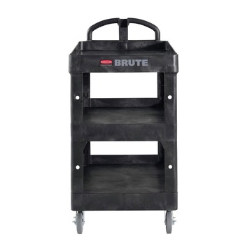 Rubbermaid Commercial 2196862 BRUTE 25.24 in. x 44 in. x 47 in. 3 Shelves 600 lb Capacity Resin 3-Shelf Heavy-Duty Ergo Lipped Utility Cart - Black