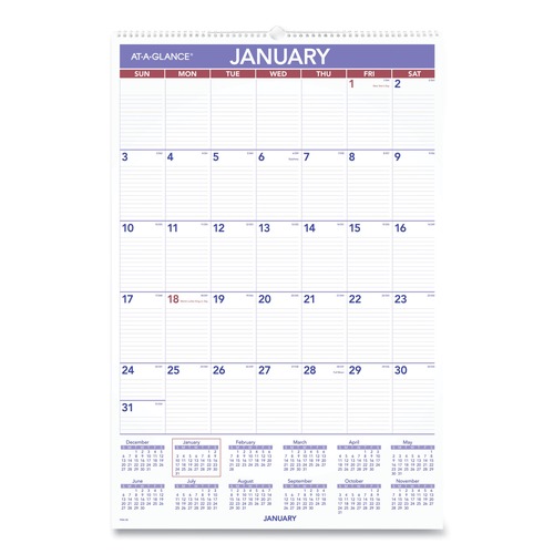 Bulletin Boards | AT-A-GLANCE PM4-28 20 in. x 30 in. Monthly Wall Calendar 2025 with Ruled Daily Blocks - White Sheets image number 0