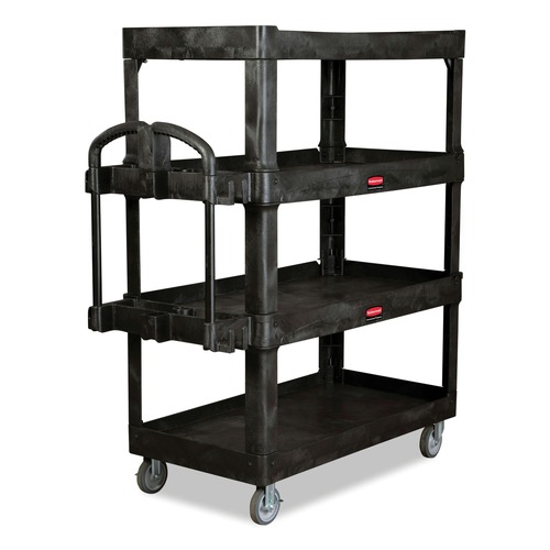 Cleaning Carts | Rubbermaid Commercial 2128657 BRUTE 24.35 in. x 54.1 in. x 62.4 in. 4 Shelves 700 lb Capacity Plastic Heavy Duty Ergo Utility Cart - Black image number 0