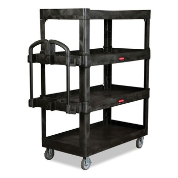 Rubbermaid Commercial 2128657 BRUTE 24.35 in. x 54.1 in. x 62.4 in. 4 Shelves 700 lb Capacity Plastic Heavy Duty Ergo Utility Cart - Black