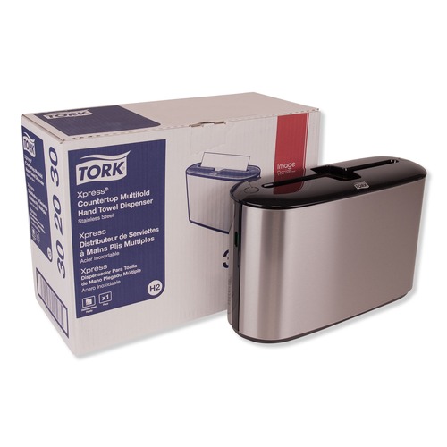 Paper Towel Holders | Tork 302030 12.68 in. x 4.56 in. x 7.92 in. Xpress Countertop Towel Dispenser - Stainless Steel/Black image number 0