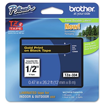 Brother P-Touch TZE334 0.47 in. x 26.2 ft. TZe Standard Adhesive Laminated Labeling Tape - Gold on Black