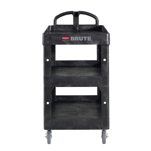 Cleaning Carts | Rubbermaid Commercial 2196862 BRUTE 25.24 in. x 44 in. x 47 in. 3 Shelves 600 lb Capacity Resin 3-Shelf Heavy-Duty Ergo Lipped Utility Cart - Black image number 0