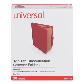 Universal UNV10408 2 Dividers 6 Fasteners Heavy-Duty Pressboard Cover Letter Size Six-Section Classification Folders - Brick Red (20/Box)