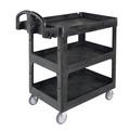 Cleaning Carts | Rubbermaid Commercial 2196862 BRUTE 25.24 in. x 44 in. x 47 in. 3 Shelves 600 lb Capacity Resin 3-Shelf Heavy-Duty Ergo Lipped Utility Cart - Black image number 1