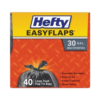 Hefty E27744 30 in. x 33 in. 30-Gallon 0.85 mil Easy Flaps Trash Bags - Black (40/Box, 6 Boxes/Carton)