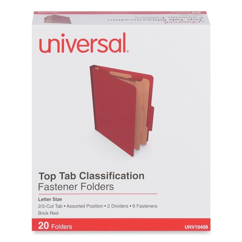 File Folders | Universal UNV10408 2 Dividers 6 Fasteners Heavy-Duty Pressboard Cover Letter Size Six-Section Classification Folders - Brick Red (20/Box) image number 0