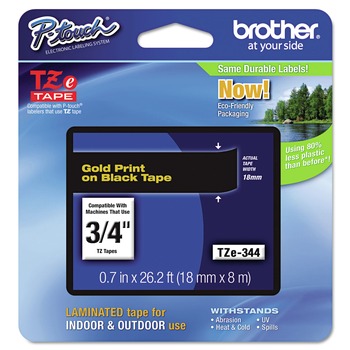 Brother P-Touch TZE344 0.7 in. x 26.2 ft. TZe Standard Adhesive Laminated Labeling Tape - Gold on Black