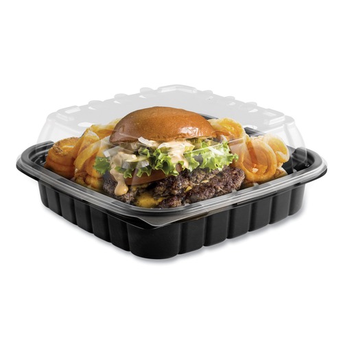 Food Trays, Containers, and Lids | Anchor 4118501 33 oz. 8.46 in. x 3.16 in. Plastic Crisp Foods Technologies Containers - Clear/Black (180/Carton) image number 0