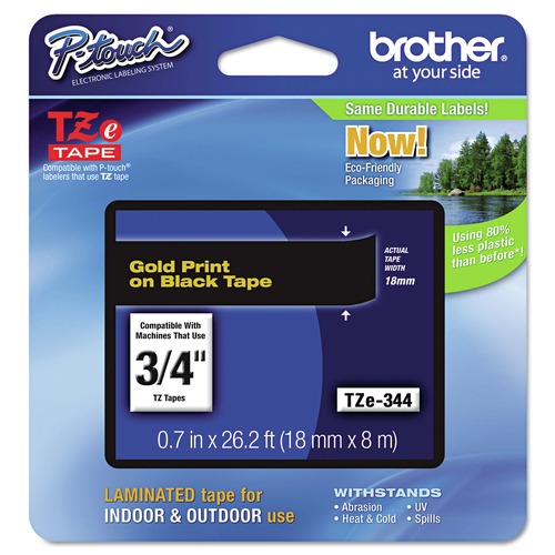 Labels | Brother P-Touch TZE344 0.7 in. x 26.2 ft. TZe Standard Adhesive Laminated Labeling Tape - Gold on Black image number 0